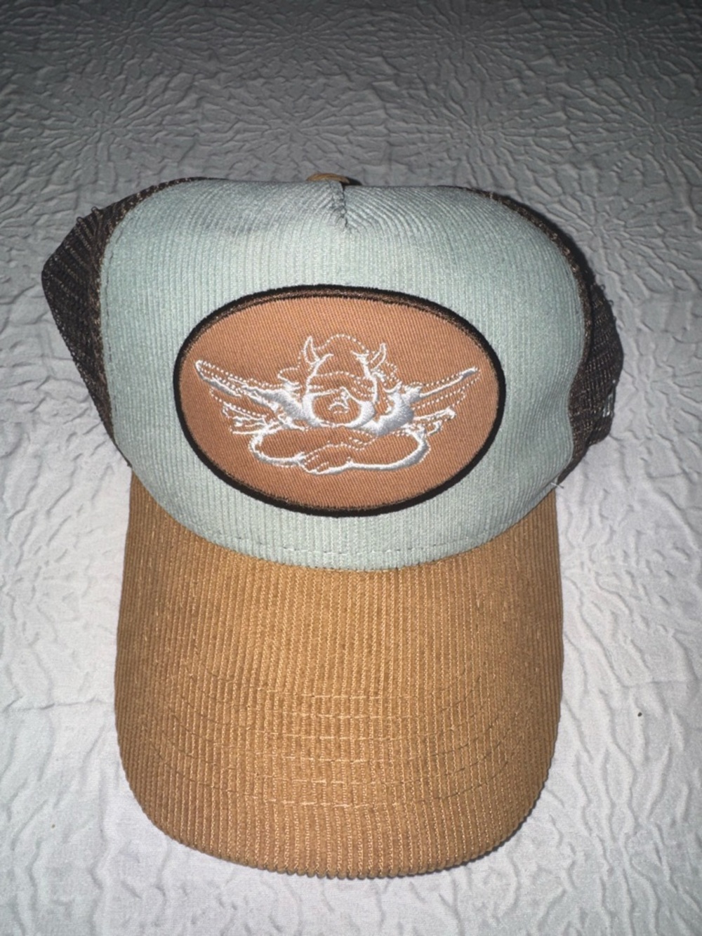 Boys Lie Corduroy Bill Trucker Hat - Sage Front & Camel Patch